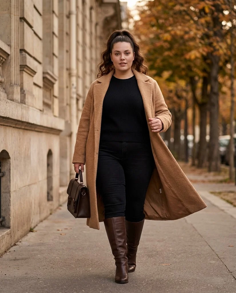Plus Size Cold Fall Outfits: Cozy Looks for Chilly Autumn Days 20 Long Sweater Coat + Black Jeans + Knee-High Boots Plus Size Cold Fall Outfit