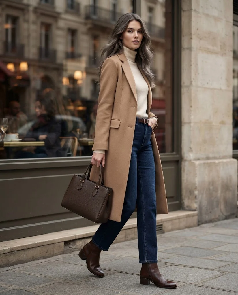 Long Wool Coat with Dark Denim Old Money Cold Fall Outfit