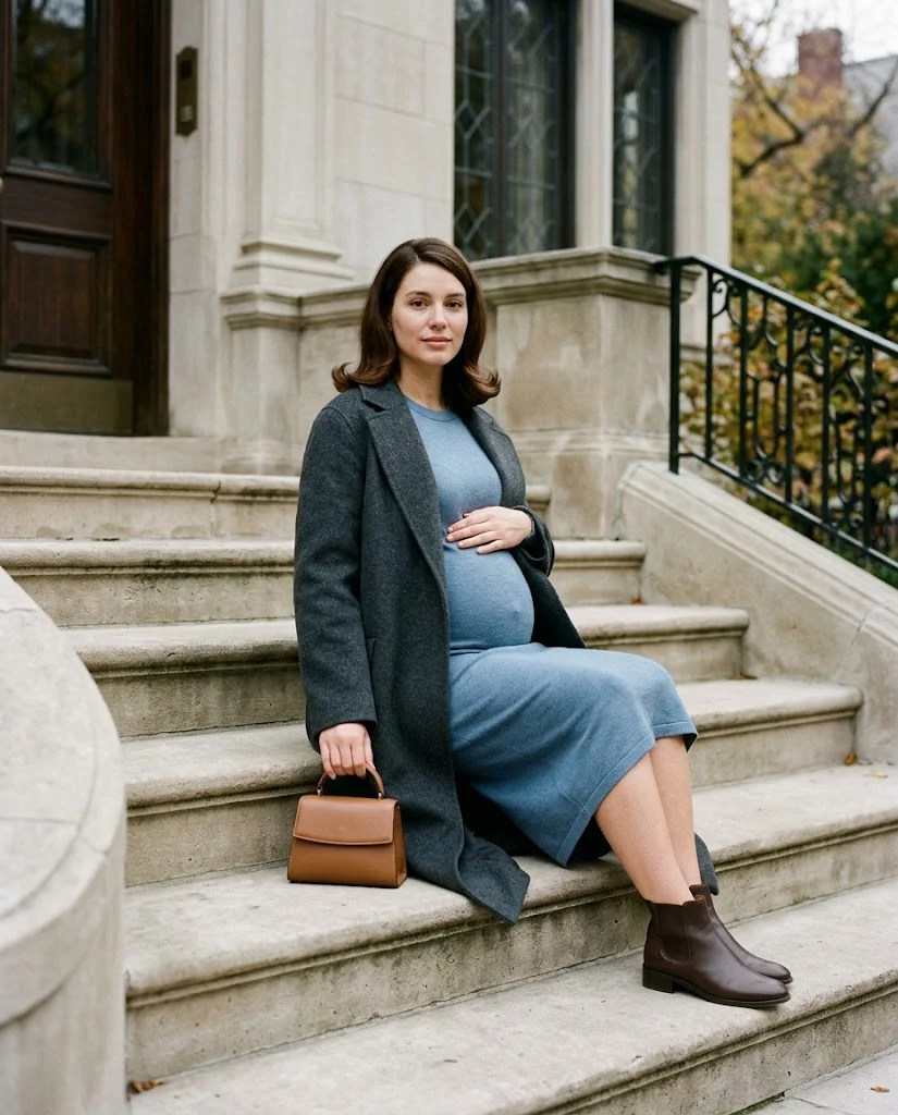 Long Wool Coat with a Bump-Friendly Dress Fall Pregnancy Outfit