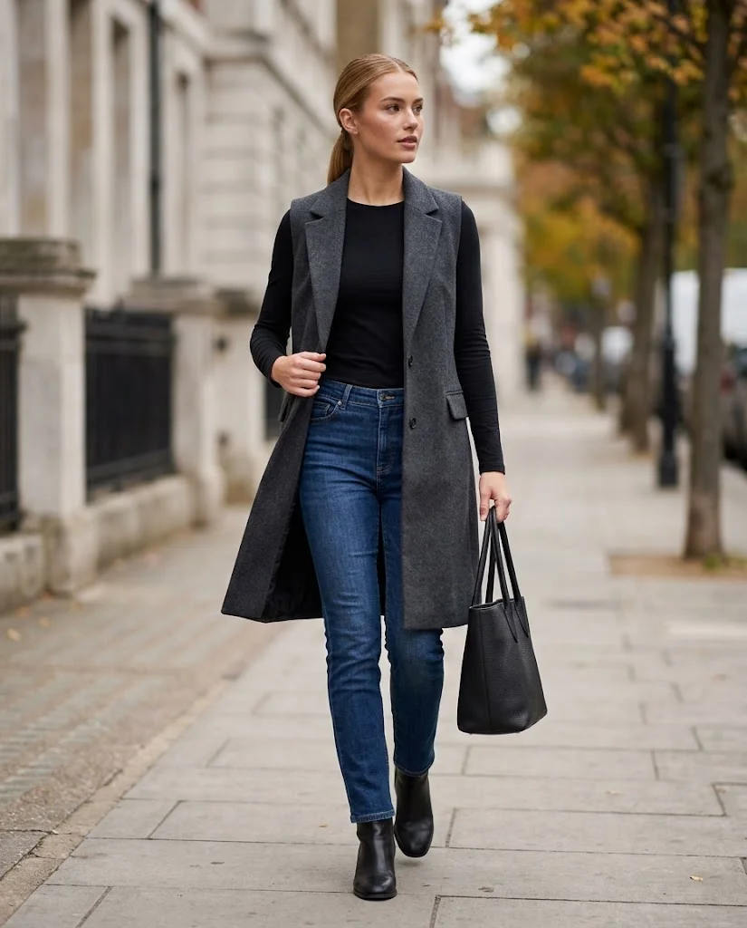 Longline Vest with Fitted Jeans October Outfit