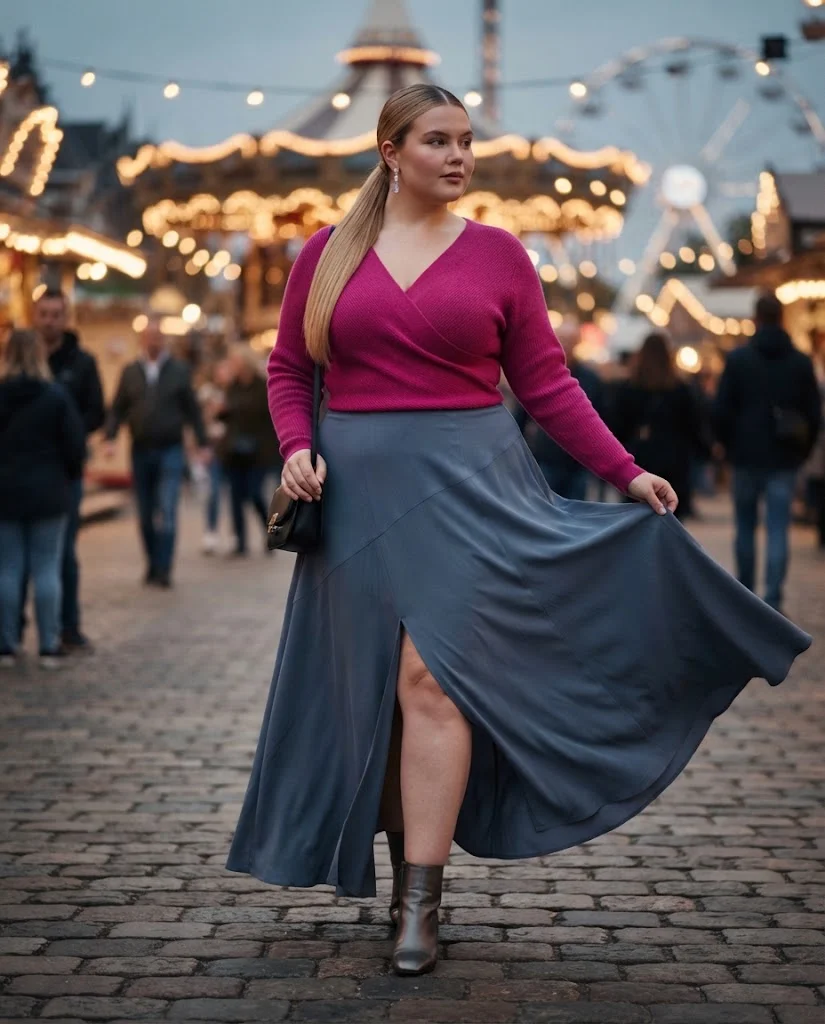 Plus Size Fall Fair Outfits: 20 Flattering and Comfortable Looks 10 Magenta Wrap Knit Top With Slate Blue Maxi Skirt and Pewter Boots Plus Size Fall Fair Outfit