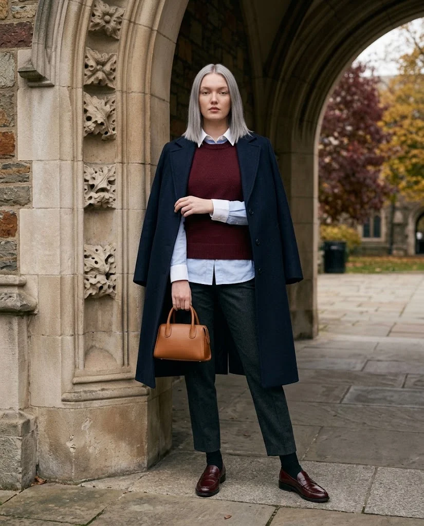 20 Late Fall Outfit Ideas for Women 13 Maroon Knit Vest with Pale Blue Shirt Late Fall Outfit