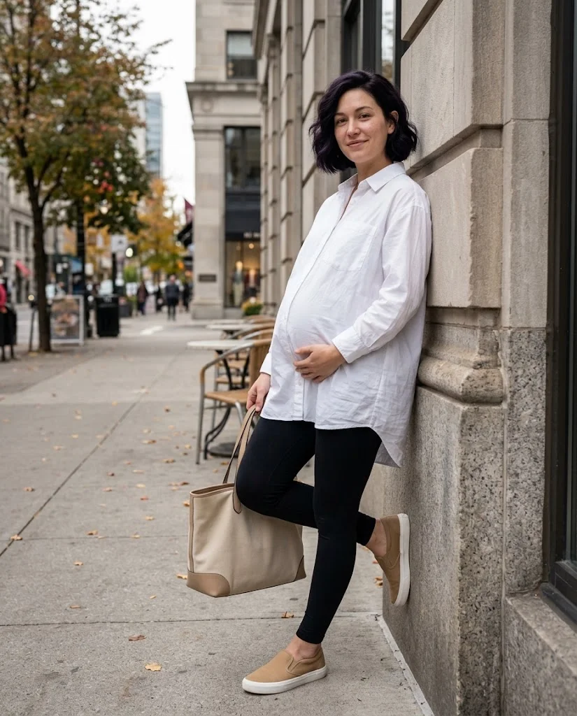 Maternity Leggings with an Oversized Button-Down Fall Pregnancy Outfit