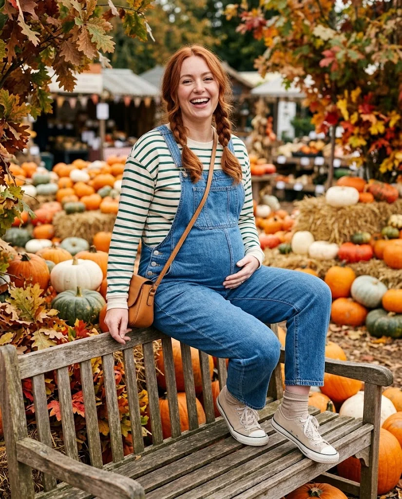 Maternity Overalls with a Striped Long-Sleeve Top Fall Pregnancy Outfit