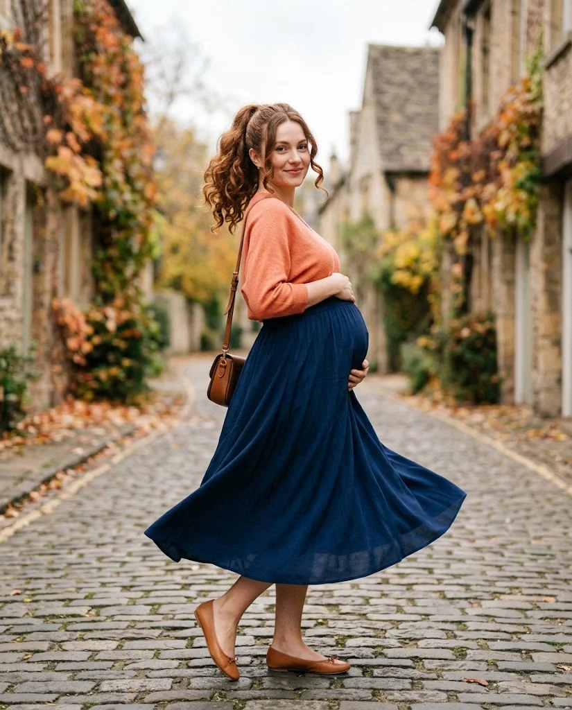 Maternity Skirt with a Lightweight Knit Fall Pregnancy Outfit