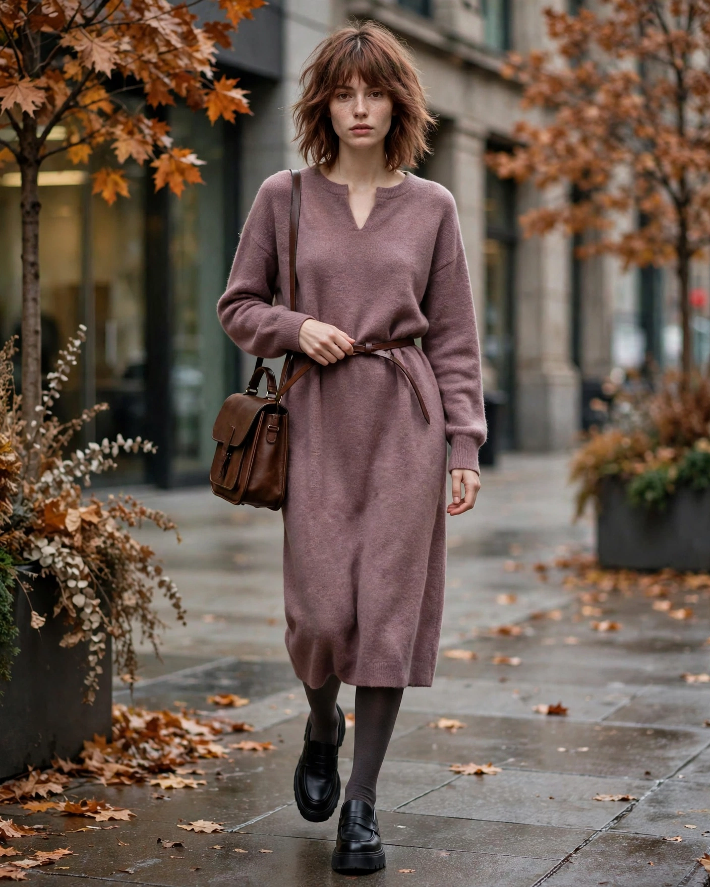 Fall Sweater Dress Outfits: 22 Cozy and Chic Looks You’ll Want to Wear All Season 18 Mauve Sweater Dress with Charcoal Tights and Loafers Sweater Dress Fall Outfit