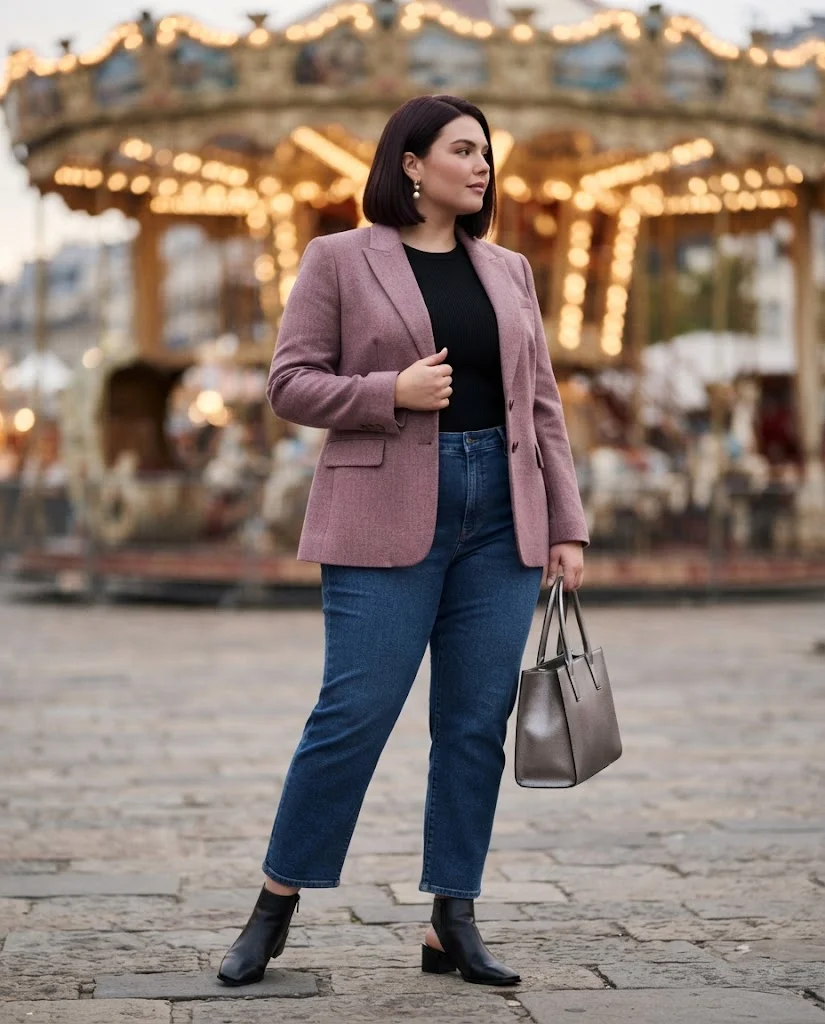 Plus Size Fall Fair Outfits: 20 Flattering and Comfortable Looks 17 Mauve Tweed Blazer With Black Fitted Knit and Ink-Blue Jeans Plus Size Fall Fair Outfit