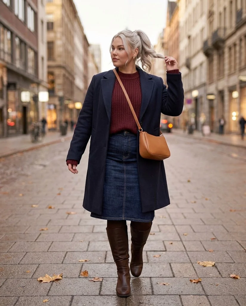 Midi Skirt and Tights with Chunky Sweater Plus Size Late Fall Outfit