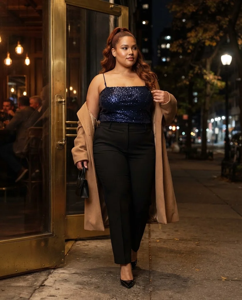 Plus Size Fall Bar Outfits: 20 Chic Looks for Nights Out 21 Midnight Blue Sequin Camisole With Black Tailored Trousers and a Camel Wool Coat Plus Size Fall Bar Outfit