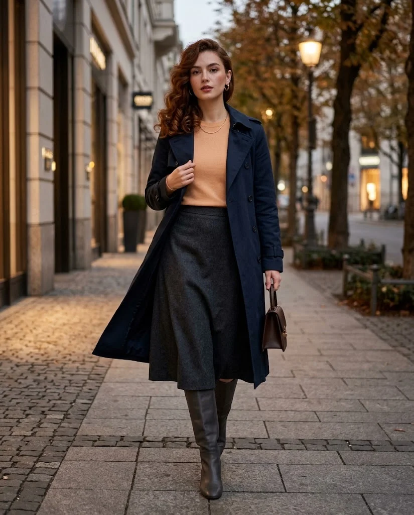 Trench Coat Fall Outfits: 22 Chic Outfit Ideas to Elevate Your Autumn Wardrobe 23 Midnight Blue Trench with a Sweater-and-Skirt Combination Trench Coat Fall Outfit