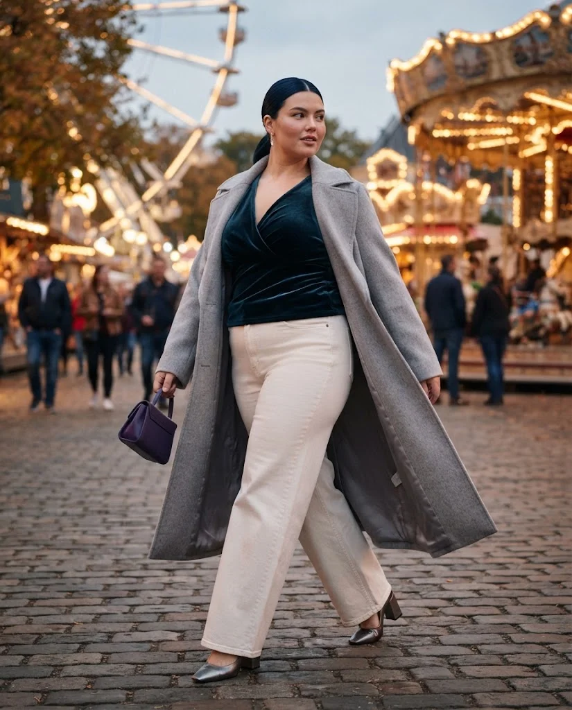 Plus Size Fall Fair Outfits: 20 Flattering and Comfortable Looks 21 Midnight Teal Velvet Blouse With Wide-Leg Ecru Jeans and Soft-Gray Coat Plus Size Fall Fair Outfit