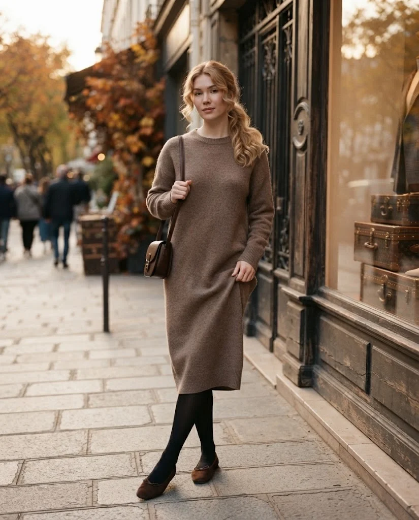 Mocha Sweater Dress with Suede Flats Old Money Comfy Fall Outfit
