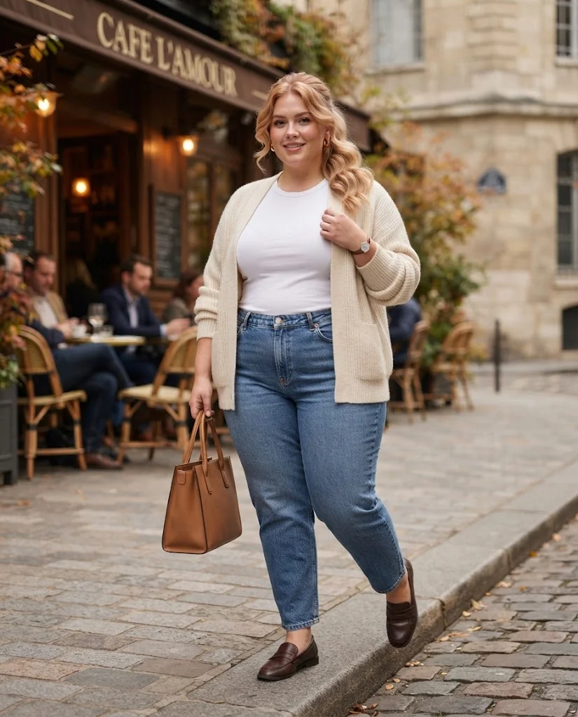 Mom Jeans + Relaxed Cardigan + Loafers Plus Size Comfy Fall Outfit