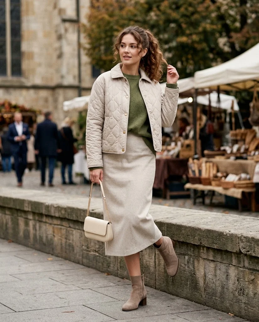20 Late Fall Outfit Ideas for Women 14 Moss Green Sweater with Stone-Colored Midi Skirt Late Fall Outfit