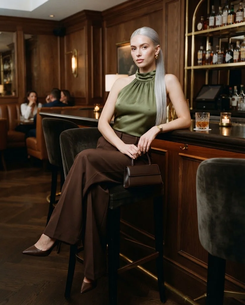Moss Satin Halter Top With Chocolate Wide-Leg Trousers Old Money Fall Bar Outfit
