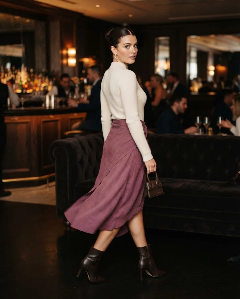 Mulberry Draped Skirt With a Sculpted Cream Knit Bodysuit Old Money Fall Bar Outfit