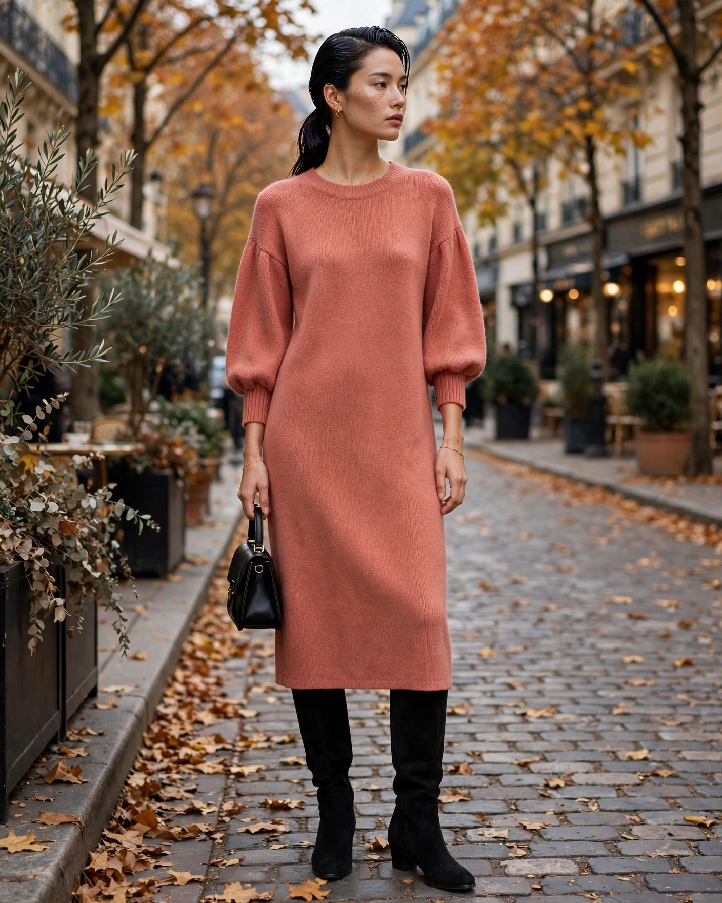 Fall Sweater Dress Outfits: 22 Cozy and Chic Looks You’ll Want to Wear All Season 13 Coral Knit Dress with Espresso Black Suede Boots Sweater Dress Fall Outfit
