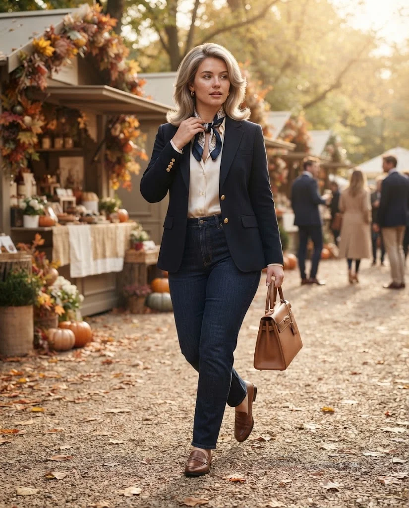 Navy Blazer With Gold Buttons and Dark Indigo Jeans Old Money Fall Fair Outfit