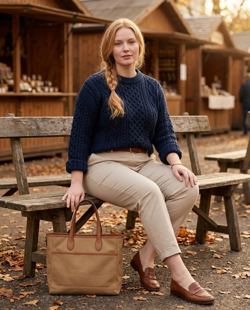 Navy Fisherman Sweater With Stone Chinos and Brown Loafers Old Money Fall Fair Outfit