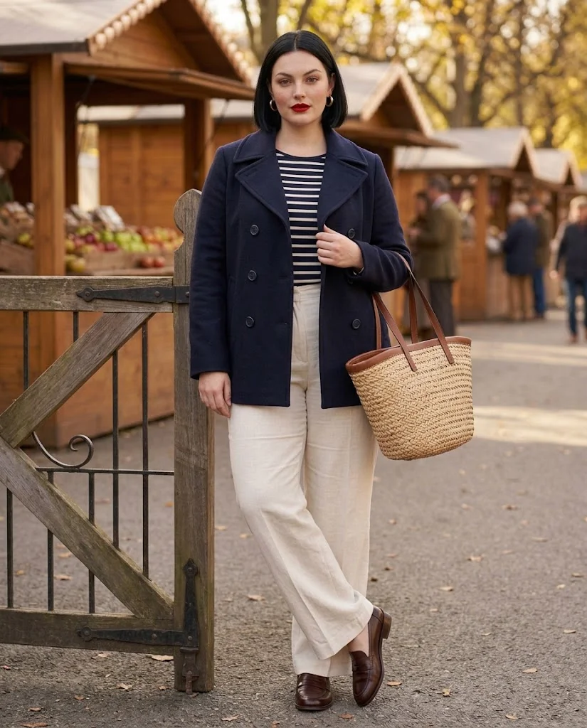 Navy Peacoat With Breton Striped Top and Ecru Wide Leg Trousers Old Money Fall Fair Outfit