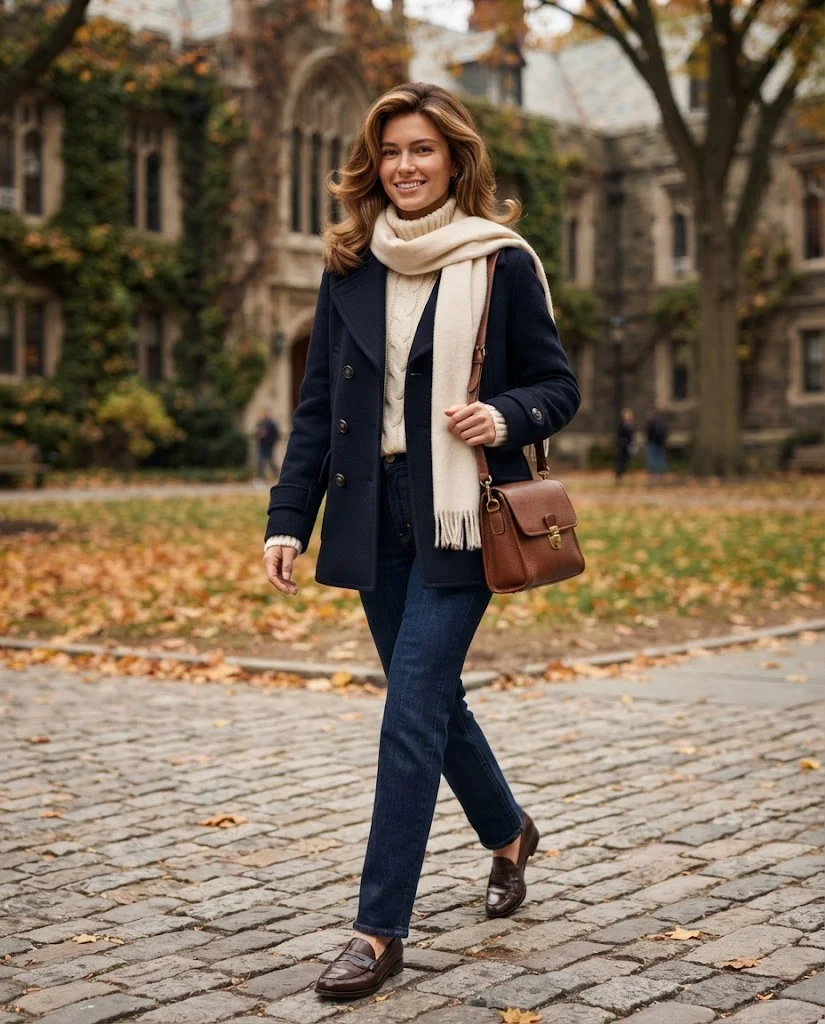 Navy Peacoat with Cable-Knit Sweater Old Money Cold Fall Outfit