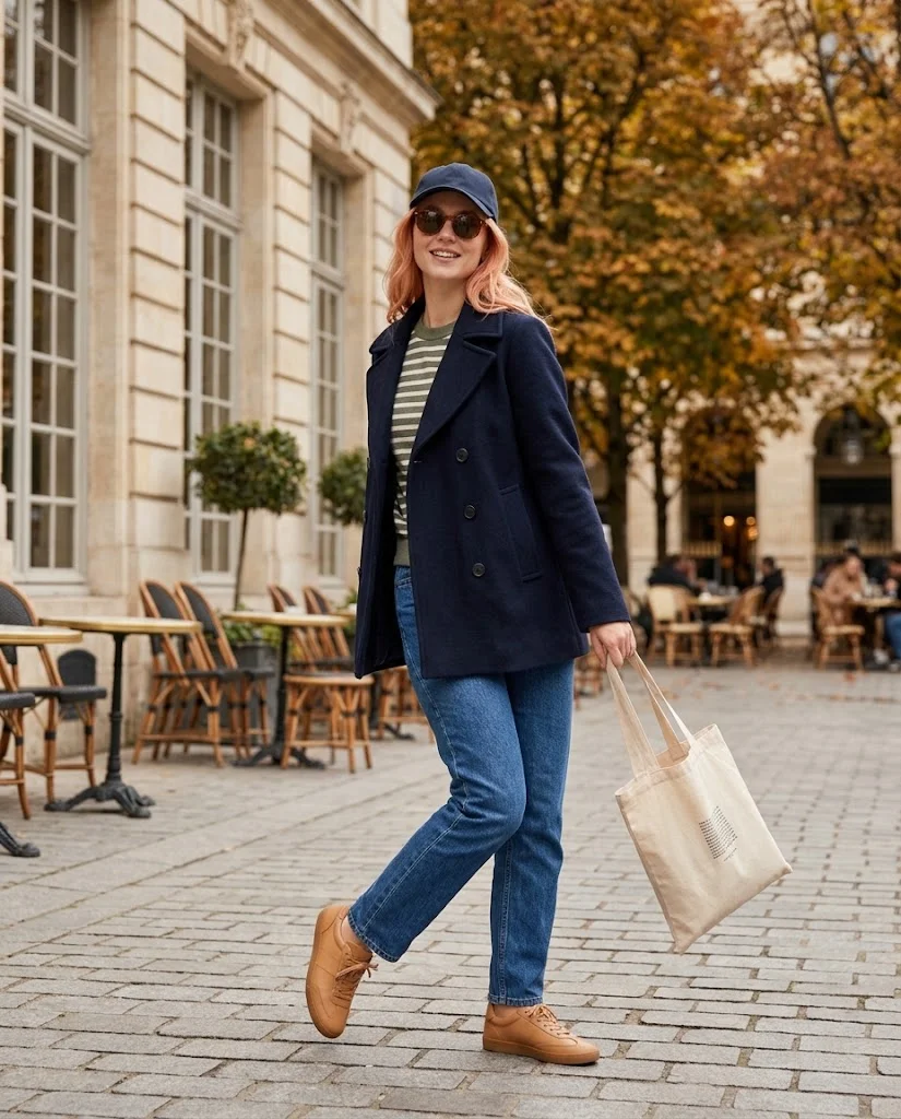 Navy Peacoat with a Striped Knit Top Peacoat Fall Outfit