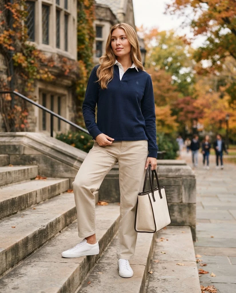 Navy Rugby Shirt with Stone Trousers Old Money Comfy Fall Outfit