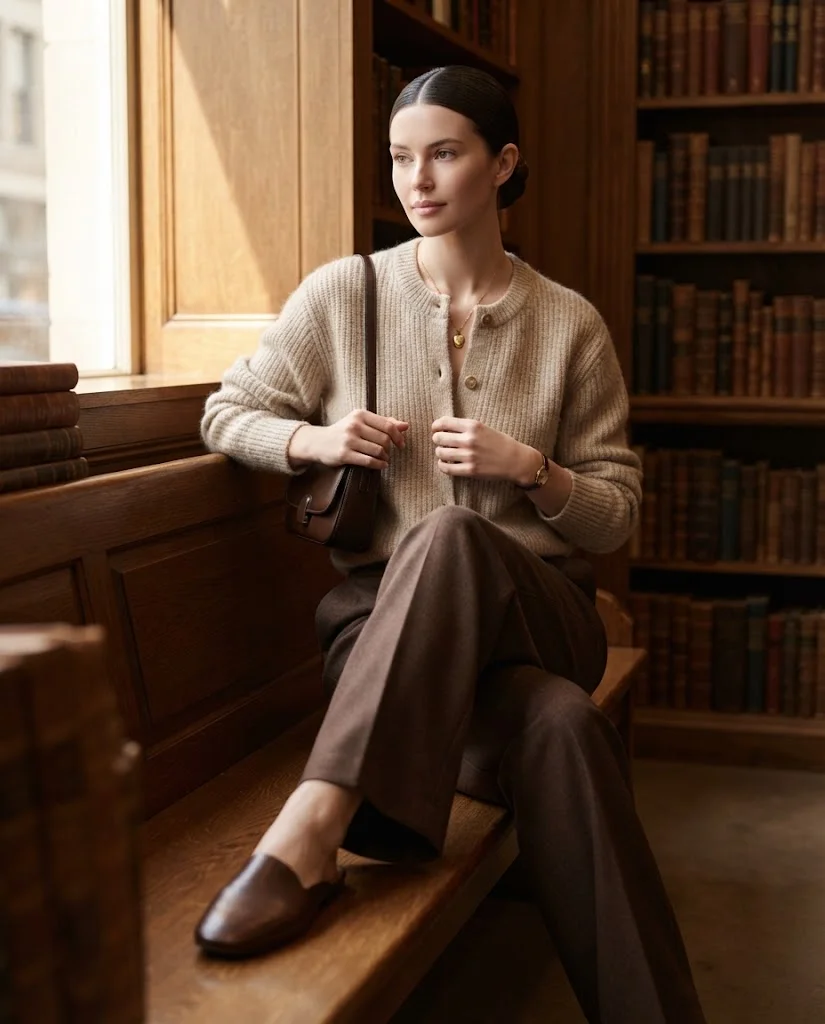 Oatmeal Cardigan with Chocolate Wide-Leg Pants Old Money Comfy Fall Outfit