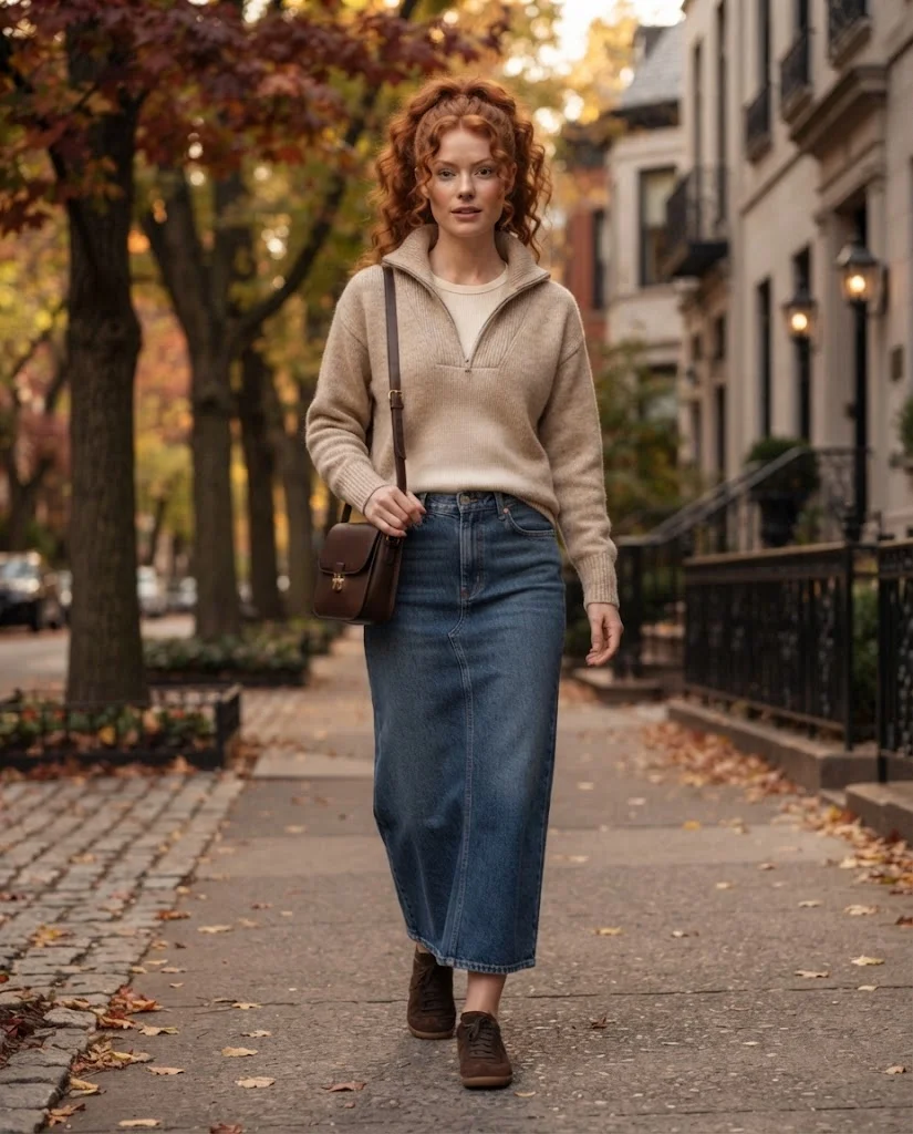 Oatmeal Quarter-Zip with Relaxed Denim Skirt Old Money Comfy Fall Outfit