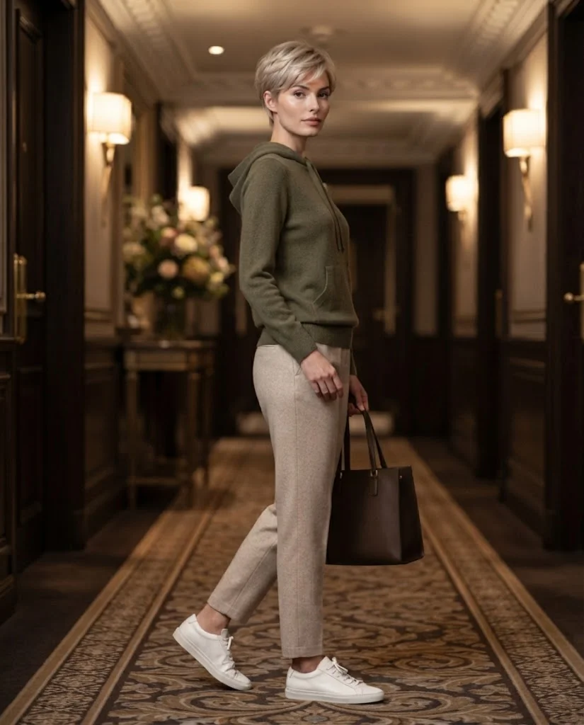 Olive Knit Hoodie with Tailored Track Pants Old Money Comfy Fall Outfit