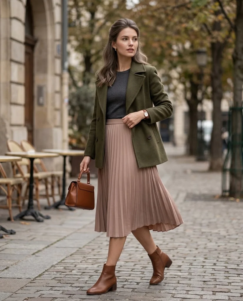 Olive Peacoat with a Pleated Skirt Peacoat Fall Outfit