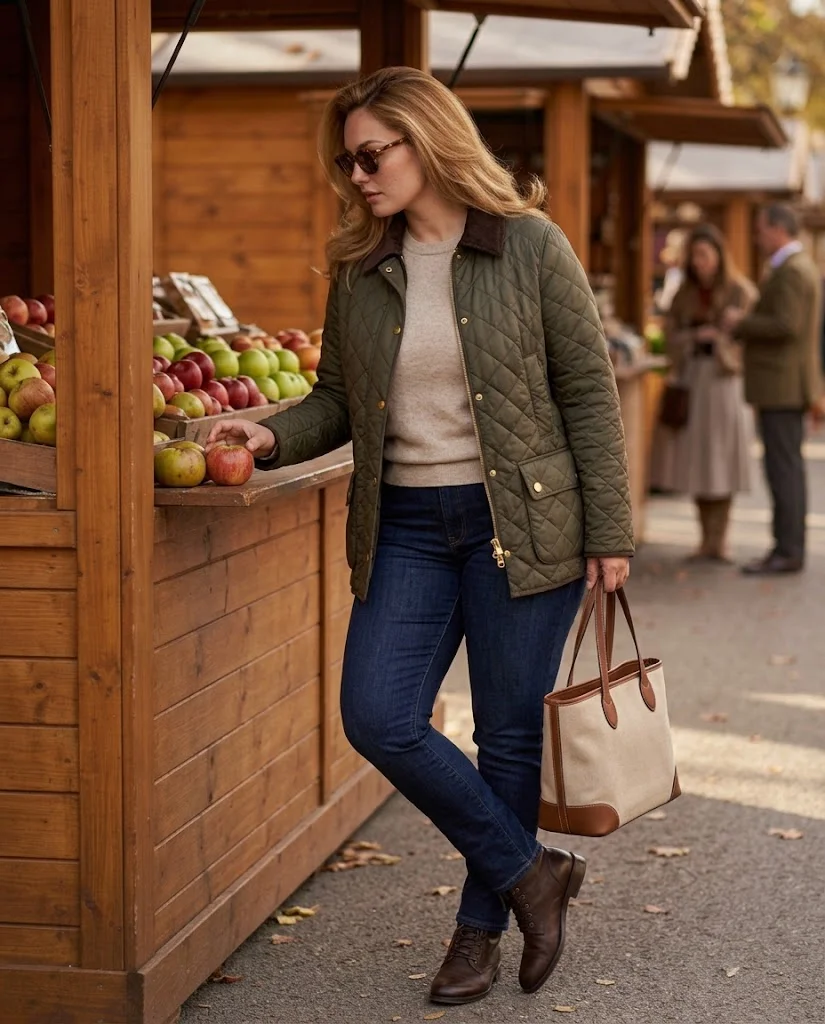 Olive Quilted Barn Jacket With Oatmeal Merino Sweater and Dark Denim Old Money Fall Fair Outfit