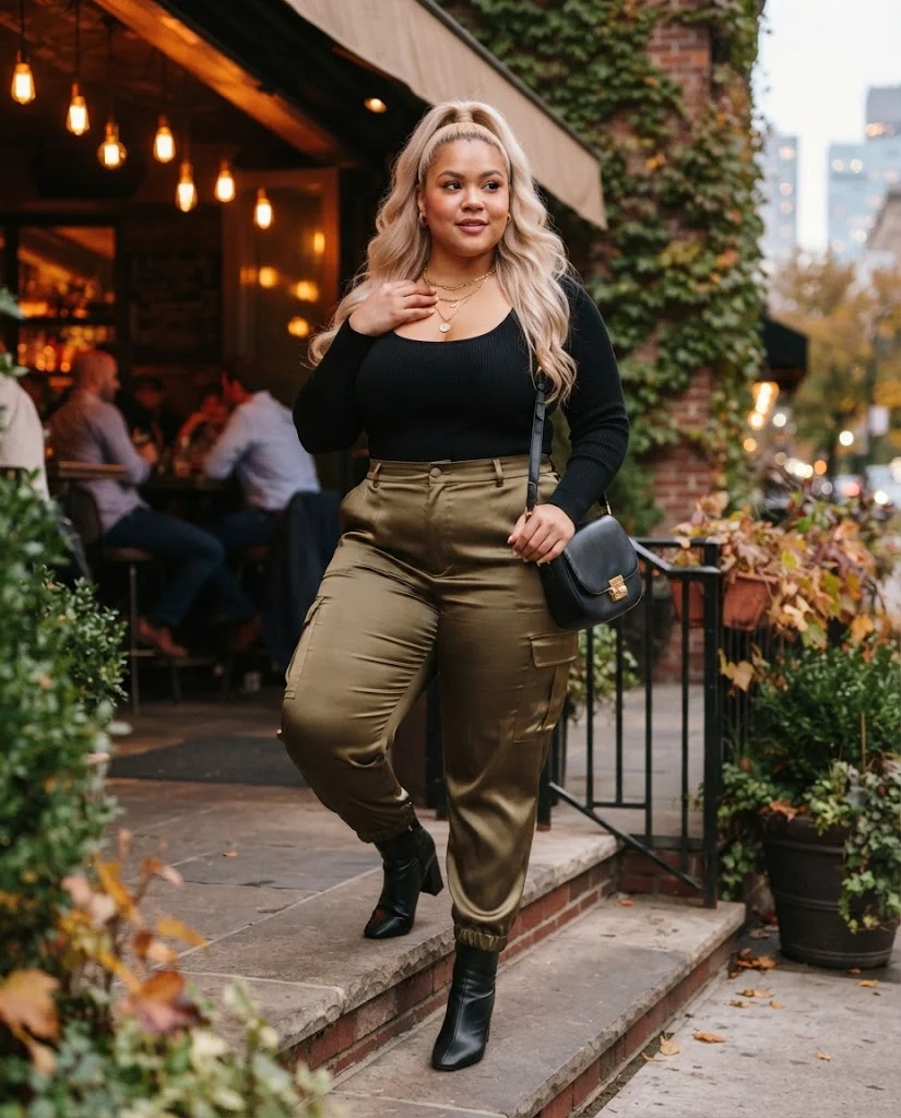 Plus Size Fall Bar Outfits: 20 Chic Looks for Nights Out 18 Olive Satin Cargo Pants With a Black Fitted Knit Top Plus Size Fall Bar Outfit