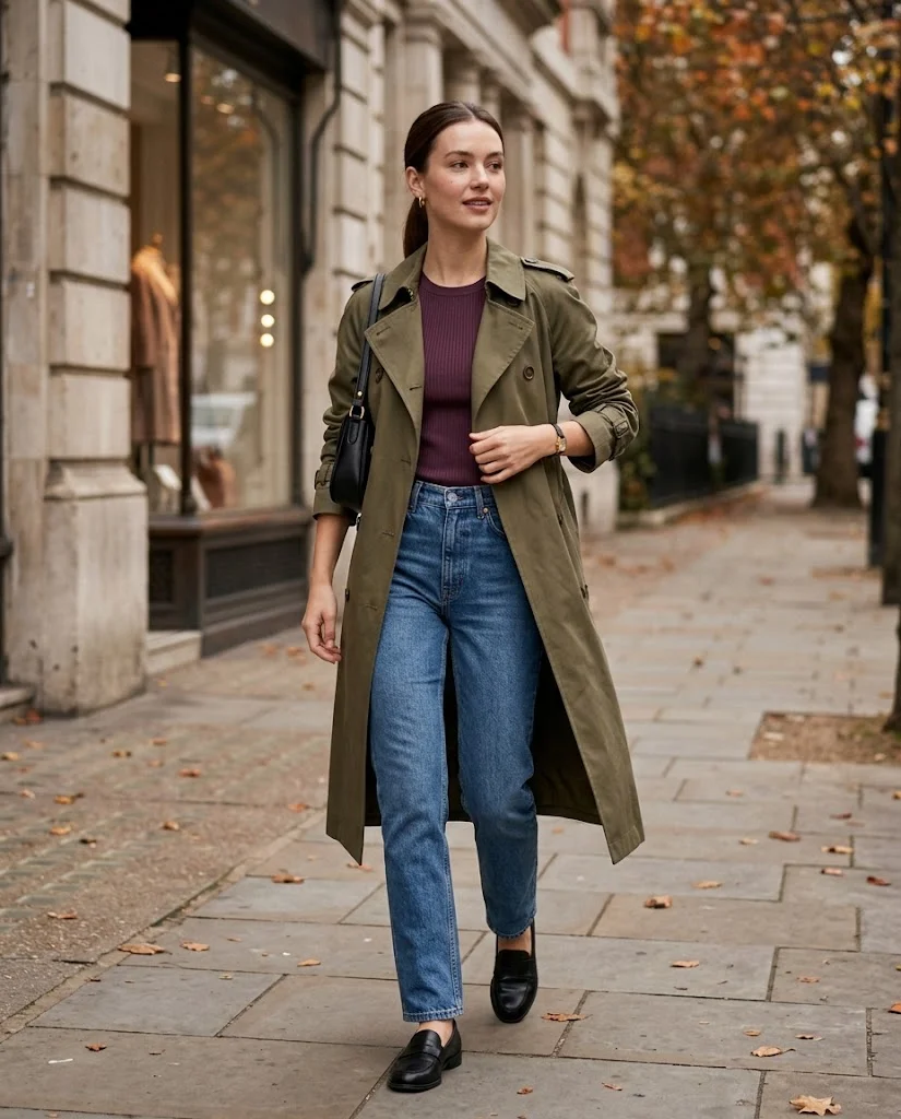 Trench Coat Fall Outfits: 22 Chic Outfit Ideas to Elevate Your Autumn Wardrobe 2 Olive Trench Coat with a Plum Knit Top and Straight Jeans Trench Coat Fall Outfit
