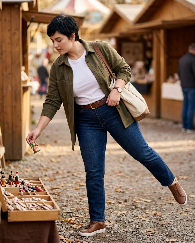 Olive Wool Overshirt With White Tee and Dark Rinse Jeans Old Money Fall Fair Outfit