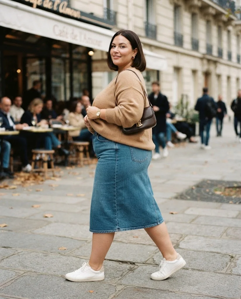 Oversized Knit + Denim Midi Skirt + Sneakers Plus Size Comfy Fall Outfit