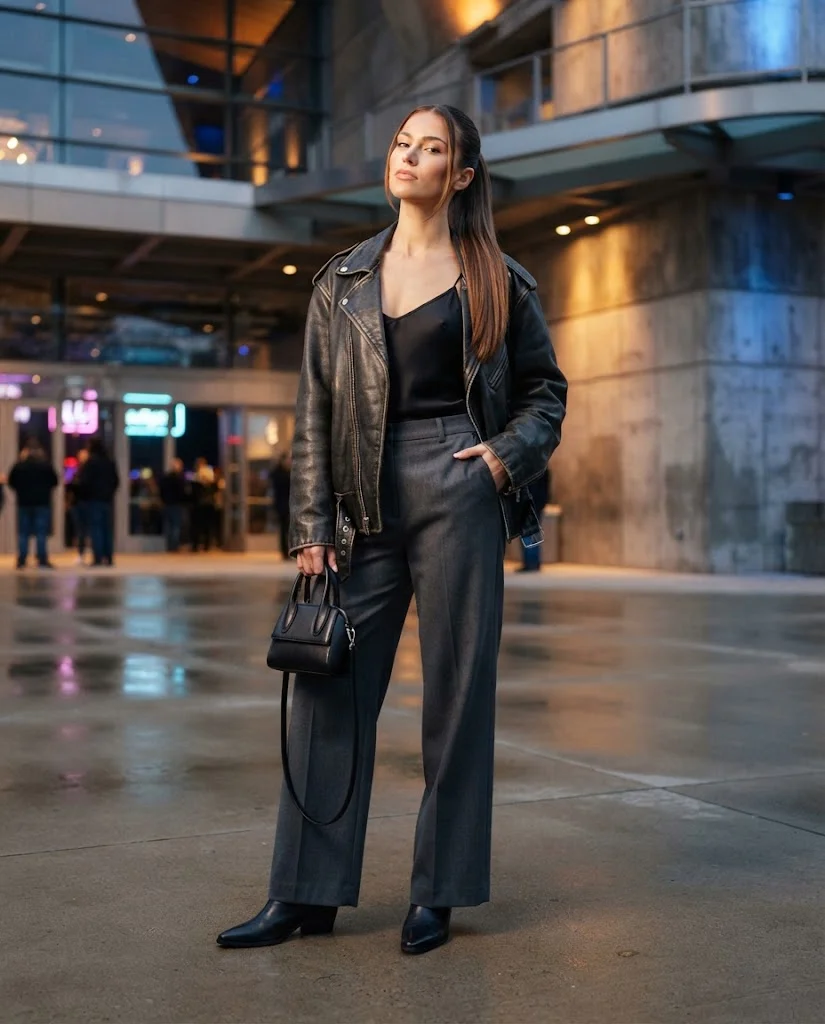 Oversized Leather Jacket with Flowing Trousers October Outfit