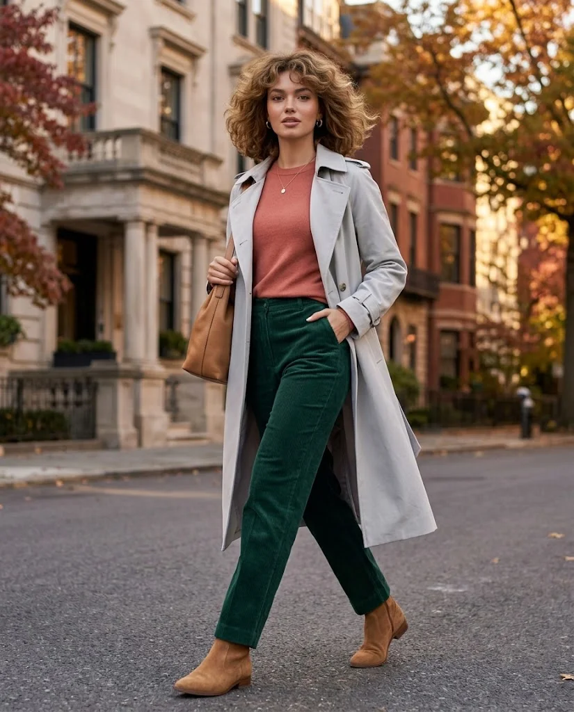 Trench Coat Fall Outfits: 22 Chic Outfit Ideas to Elevate Your Autumn Wardrobe 20 Pale Gray Trench with Dark Green Corduroy Trench Coat Fall Outfit