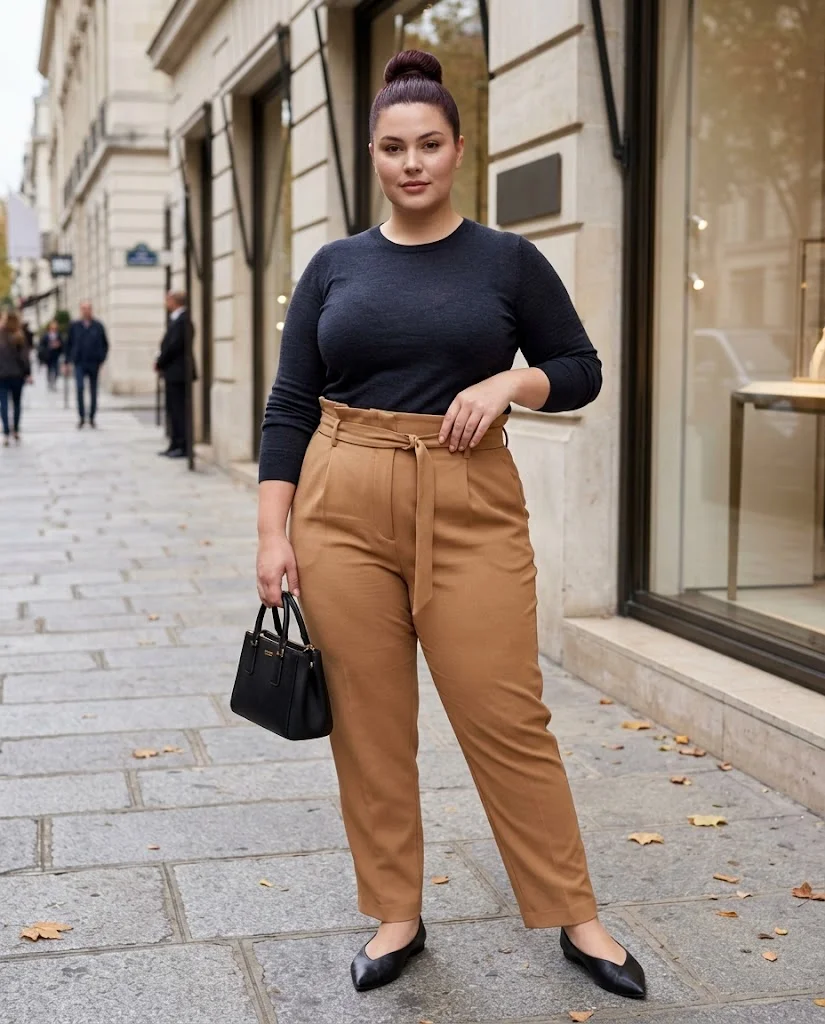 Paperbag Trousers with a Tucked Knit Top Plus Size October Outfit