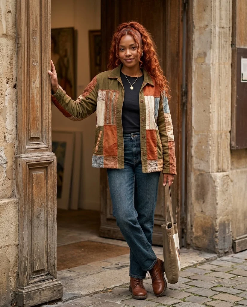 21 Boho Chic Fall Outfits: Effortless Bohemian Style Ideas 11 Patchwork Jacket with Relaxed Denim Boho Chic Fall Outfit