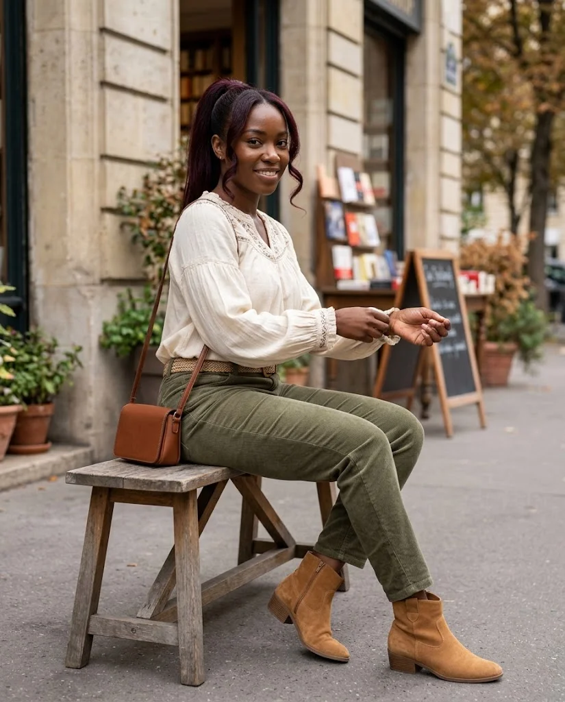 21 Boho Chic Fall Outfits: Effortless Bohemian Style Ideas 7 Peasant Blouse with Corduroy Pants Boho Chic Fall Outfit