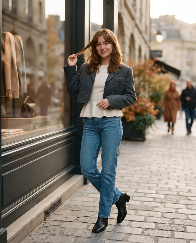 Peplum Knit Top with Straight-Leg Jeans October Outfit