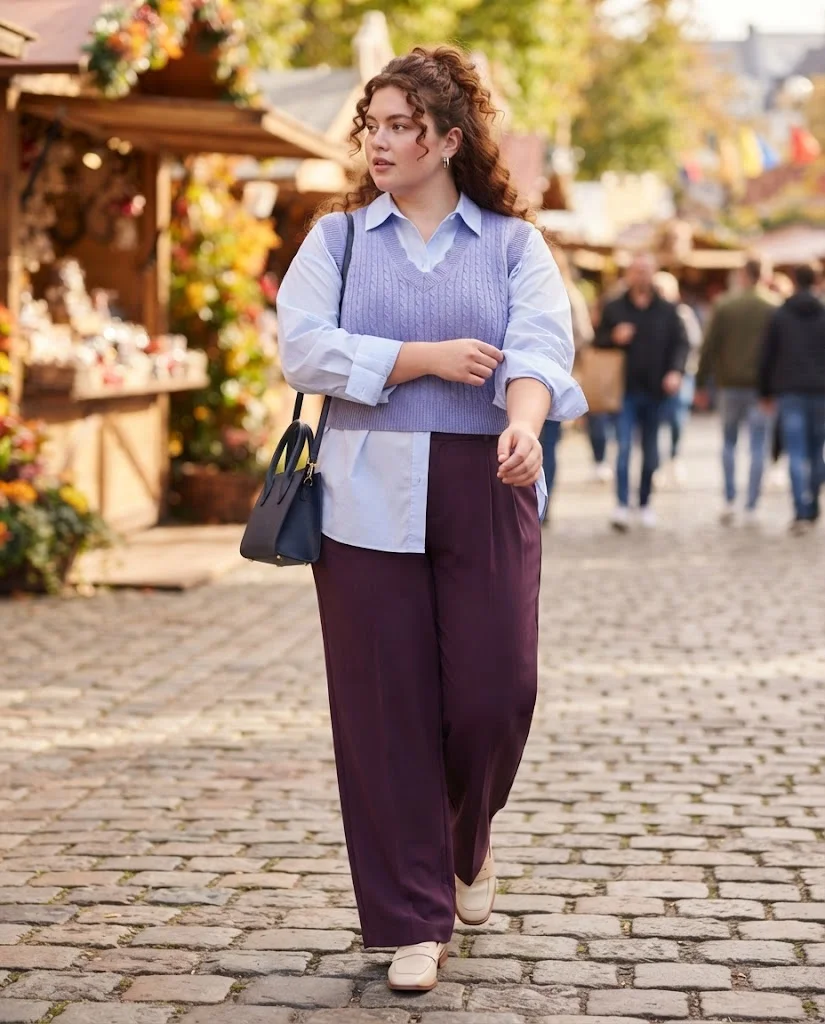 Plus Size Fall Fair Outfits: 20 Flattering and Comfortable Looks 9 Periwinkle Knit Vest With Pale-Blue Poplin Shirt and Aubergine Pleated Pants Plus Size Fall Fair Outfit