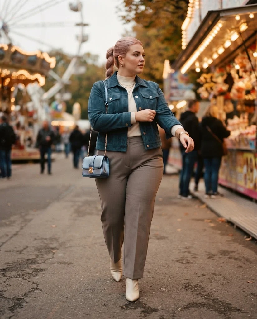 Plus Size Fall Fair Outfits: 20 Flattering and Comfortable Looks 18 Petrol-Blue Suede Trucker Jacket With Soft-Ivory Mock Neck and Mushroom Trousers Plus Size Fall Fair Outfit