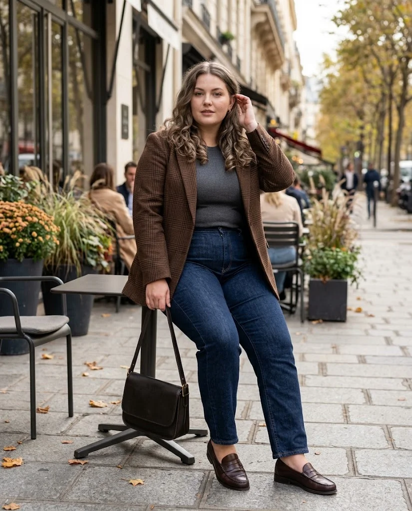 Plaid Blazer with Dark Jeans and Loafers Plus Size October Outfit