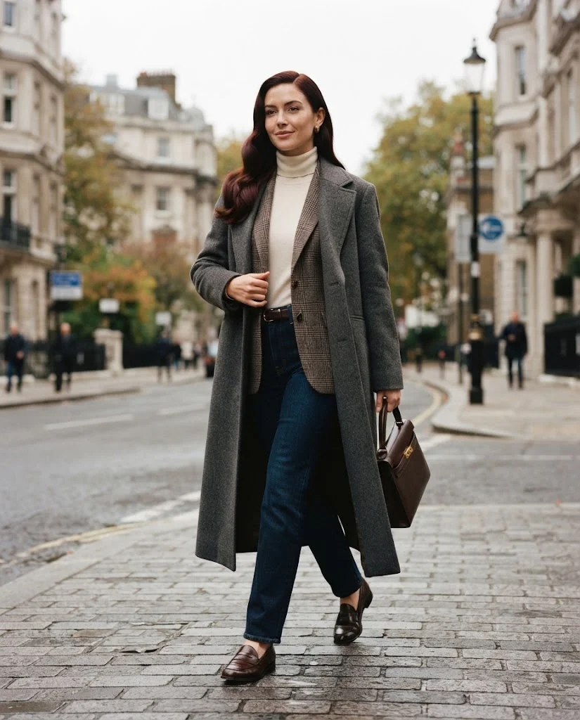 Plaid Blazer with Turtleneck and Dark Jeans Old Money Cold Fall Outfit