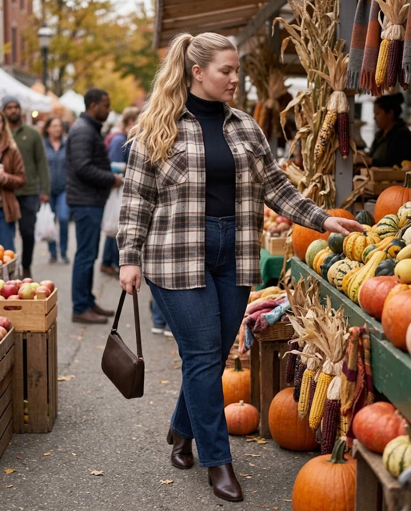 Plus Size Cold Fall Outfits: Cozy Looks for Chilly Autumn Days 9 Plaid Overshirt + Turtleneck + Dark Denim Plus Size Cold Fall Outfit