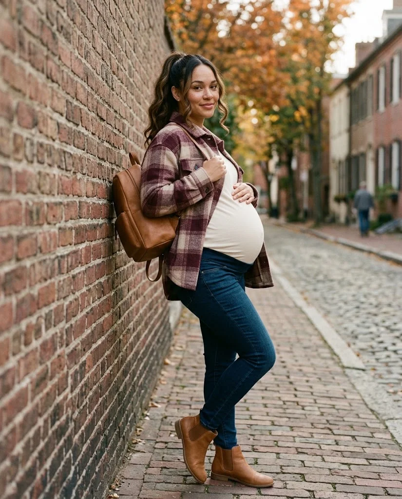 Plaid Shacket with a Basic Maternity Top Fall Pregnancy Outfit