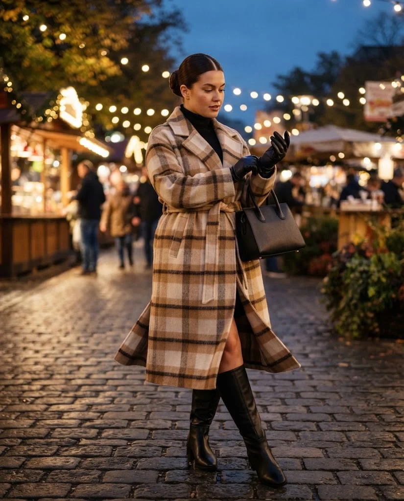 Plaid Wool Wrap Coat With Black Turtleneck and Knee High Boots Old Money Fall Fair Outfit