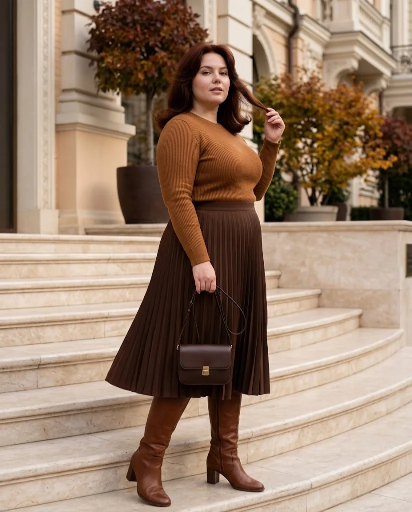 Pleated Midi Skirt with a Fine-Knit Sweater Plus Size October Outfit